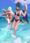  2girls absurdres armpits artuvia bare_arms bare_legs bare_shoulders barefoot beach bikini black_bikini blue_hair blue_sky breasts cape cleavage collarbone commentary covered_navel dagger edelgard_von_hresvelg edelgard_von_hresvelg_(summer) female_byleth_(fire_emblem) female_byleth_(summer)_(fire_emblem) fire_emblem fire_emblem:_three_houses fire_emblem_heroes flower hair_flower hair_ornament hibiscus highres holding_hands knife large_breasts medium_breasts multiple_girls navel ocean official_alternate_costume one-piece_swimsuit outdoors purple_eyes red_one-piece_swimsuit running sky stomach swimsuit symbol-only_commentary thigh_gap water weapon white_hair yuri 