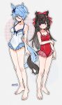  2girls animal_ears arms_behind_back bare_shoulders barefoot blue_bow blue_eyes blue_hair blush bow braid breasts brown_hair casual_one-piece_swimsuit cleavage closed_mouth collarbone commentary_request daiichi_ruby_(umamusume) drill_hair drill_sidelocks ear_bow hair_between_eyes hair_bow hair_ornament highres horse_ears horse_girl horse_tail k.s.miracle_(umamusume) long_hair medium_breasts multiple_girls one-piece_swimsuit pink_bow purple_eyes red_bow red_one-piece_swimsuit saramiao-chan short_hair side_drill sidelocks simple_background small_breasts swimsuit tail twin_drills umamusume white_one-piece_swimsuit 
