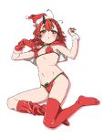  1girl :o bikini blush breasts capelet christmas collarbone commentary_request covered_nipples earrings full_body fur-trimmed_gloves fur_trim gloves hat highres horns indie_virtual_youtuber jewelry kurumi_sarari looking_at_viewer lying matatabeat nail_polish navel on_back open_mouth red_bikini red_capelet red_gloves red_hair red_hat red_nails red_thighhighs santa_bikini santa_costume santa_hat short_hair simple_background single_glove single_horn small_breasts solo stomach swimsuit thighhighs virtual_youtuber white_background yellow_eyes 