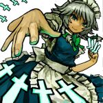  1girl aoiseshin apron arm_up blue_dress blue_eyes bow braid breasts closed_mouth cowboy_shot danmaku dress dutch_angle frilled_apron frills grey_hair hair_bow holding holding_knife izayoi_sakuya knife maid maid_apron maid_headdress medium_breasts medium_hair smile solo touhou twin_braids white_background 