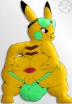 anthro anus backsack balls black_sclera bracelet bulge bulge_from_behind butt clothing cosplay_pikachu_(costume) cptwill64_(artist) eyewear generation_1_pokemon genitals hi_res jewelry jockstrap looking_at_viewer looking_back male nintendo pikachu pokemon pokemon_(species) seductive smile solo spiked_bracelet spikes spread_anus spread_butt spread_legs spreading sunglasses tailless teal_clothing underwear