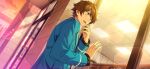  1boy blazer blue_eyes blue_jacket brown_hair ensemble_stars! fingernails game_cg hand_up happy_elements jacket long_sleeves male_focus nervous_sweating official_art open_mouth outdoors outstretched_hand ring_(ensemble_stars!) school_uniform short_hair sky solo sweat takamine_midori teeth third-party_source upper_body upper_teeth_only window yumenosaki_school_uniform 