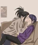  2girls black_hair black_pants boku_no_hero_academia closed_eyes commentary_request couch grey_hoodie hood hoodie jiro_kyoka kiss korean_commentary long_hair multiple_girls on_couch pants ponytail purple_hair purple_hoodie reference_inset short_hair vvvmung yaoyorozu_momo yuri 