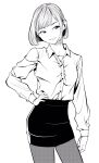  1girl bob_cut breasts collarbone collared_shirt commentary_request contrapposto cowboy_shot eyebrows_hidden_by_hair hair_behind_ear hand_on_own_hip hatching_(texture) head_tilt highres lee_(dragon_garou) miniskirt office_lady original pantyhose pencil_skirt shirt short_hair skirt small_breasts smile solo swept_bangs 