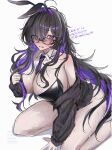  1girl absurdres animal_ears bare_shoulders between_breasts black-framed_eyewear black_cardigan black_hair black_leotard blush breasts cardigan cleavage colored_inner_hair commentary_request detached_collar fake_animal_ears fake_tail glasses goddess_of_victory:_nikke hair_over_one_eye highres label_(nikke) large_breasts leotard long_hair looking_at_viewer miumiumi_99 mole mole_on_breast multicolored_hair necktie necktie_between_breasts one_eye_covered open_cardigan open_clothes open_mouth playboy_bunny purple_eyes purple_hair purple_necktie rabbit_ears rabbit_tail seiza simple_background sitting solo sweat tail very_long_hair 