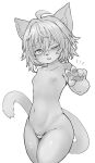  1girl absurdres ahoge animal_ears animal_hands blush breasts cat_ears cat_girl cat_tail collarbone fang hawthorn highres looking_at_viewer navel nipples no_bra one_eye_closed open_mouth original panties pawpads short_hair simple_background small_breasts smile solo tail topless_female underwear v white_background 