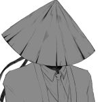  1boy bamboo-hatted_kim coat collared_shirt commentary_request covered_face greyscale hat jacket jingasa limbus_company male_focus monochrome necktie open_clothes open_coat project_moon shirt shoggoth_(sirens20211) solo suit_jacket upper_body white_background 