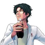  1boy beard_stubble black_hair commentary_request dr_pepper facial_hair grin long_sleeves looking_at_viewer male_focus object_in_pocket official_alternate_hairstyle okabe_rintarou pen_in_pocket pocket science_adventure shirt short_hair simple_background smile solo steins;gate steins;gate:_the_committee_of_antimatter stubble t-shirt tetsu10ru upper_body white_background white_shirt 