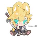  1boy animal_ears aqua_eyes arm_support armor belt between_legs black_pants black_sweater blonde_hair blush_stickers brown_belt buster_aoi buster_sword chibi chibi_only cloud_strife earrings final_fantasy final_fantasy_vii final_fantasy_vii_remake full_body hand_between_legs hands_on_ground jewelry kemonomimi_mode looking_to_the_side male_focus pants pauldrons paw_shoes rabbit_boy rabbit_ears rabbit_tail serious short_hair shoulder_armor simple_background single_pauldron sitting sleeveless sleeveless_sweater solo spiked_hair stud_earrings sweater sword sword_on_back tail twitter_username weapon weapon_on_back white_background 