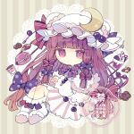  1girl absurdres book bow bowtie capelet checkerboard_cookie chibi chibi_only closed_mouth commentary cookie crescent crescent_hat_ornament dress food food_request hair_bow hat hat_ornament highres interlocked_fingers looking_at_viewer mob_cap multiple_hair_bows nikorashi-ka own_hands_together patchouli_knowledge pink_slippers purple_bow purple_bowtie purple_eyes purple_hair red_bow slippers socks solo striped_clothes striped_dress touhou vertical-striped_clothes vertical-striped_dress watermark white_capelet white_dress white_hat white_socks 