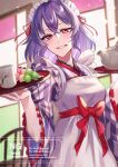  1girl absurdres apron cherry_blossom_print commentary_request cup dango floral_print food grin highres holding holding_tray japanese_clothes kimono looking_at_viewer maid maid_apron maid_headdress nagae_iku nano_popo02 purple_hair purple_kimono red_eyes red_sash sash short_hair smile solo teacup teapot touhou tray wa_maid wagashi white_apron 