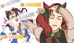  2girls animal_ears black_vest bow brown_hair brown_shirt closed_eyes commentary diagonal-striped_bow english_commentary epaulettes gameplay_mechanics green_bow hand_in_own_hair horse_ears horse_girl jujutsu_kaisen long_hair long_sleeves meme multicolored_hair multiple_girls nice_nature_(poinsettia_ribbon)_(umamusume) nice_nature_(umamusume) one_of_agnes_digital open_mouth pink_bow punching red_bow red_hair scene_reference shirt simple_background streaked_hair striped_bow tokai_teio_(peak_joy)_(umamusume) tokai_teio_(umamusume) twintails umamusume vest white_hair 