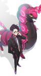 1boy adjusting_eyewear arm_up black_coat black_pants coat collared_shirt commentary_request corbeau_(pokemon) hand_in_pocket highres horns lapels long_sleeves looking_at_viewer male_focus necktie pants parted_hair pokemon pokemon_(creature) pokemon_legends:_z-a purple_hair purple_shirt scolipede shirt shirt_tucked_in shoes standing sub_prnk white_necktie yellow_eyes 