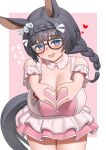  1girl absurdres alternate_breast_size_(larger) animal_ears black-framed_eyewear black_hair blush border braid braided_bangs breasts cleavage commentary_request ear_ornament factory314 flying_sweatdrops glasses hands_up heart heart_hands highres horse_ears horse_girl horse_tail huge_breasts layered_skirt long_hair looking_at_viewer meni_shuki_rush-sshu! open_mouth outside_border pink_background pink_shirt pink_skirt purple_eyes ring_light_reflection shirt single_braid skirt smile solo tail thighs umamusume white_border zenno_rob_roy_(umamusume) 