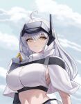  1girl absurdres ahoge breasts capelet cloud cloudy_sky commentary_request draw_hyun goddess_of_victory:_nikke head-mounted_display highres korean_commentary large_breasts mechanical_arms official_alternate_costume official_alternate_design sideboob sky snow_white_(heavy_arms)_(nikke) snow_white_(nikke) solo stomach upper_body visor_(armor) white_capelet white_hair yellow_eyes 