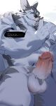 anthro arm_tuft balls blue_eyes bodily_fluids canid circumcised clothing countershading fur genital_fluids genitals gradient_penis grey_body grey_fur hi_res howdy_fur humanoid_genitalia humanoid_penis male mammal multicolored_body muscular muscular_male penis pink_penis_tip precum shush solo speech_bubble standing teeth_showing tuft white_body white_clothing white_fur