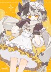  1girl :3 absurdres animal_ears apron black_bow black_gloves bow commentary_request dress frilled_dress frills fur-trimmed_gloves fur-trimmed_sleeves fur_trim gloves grey_hair hair_bow hair_ornament highres komerina looking_at_viewer maid maid_headdress orange_eyes original scarf sea_slug_ears sea_slug_girl short_hair solo thick_eyebrows uneven_eyes virtual_youtuber white_apron white_scarf yellow_background yellow_dress yellow_eyes 