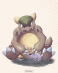  claws closed_mouth commentary english_commentary fangs highres kangaskhan no_humans nostrils open_mouth parent_and_child poke_ball pokemon pokemon_(creature) pokemon_focus red_eyes safari_ball sitting twitter_username vtrebla4ever 