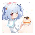  1girl ame. animal_ears blue_hair blue_ribbon blush brown_background cake carrot_hair_ornament choker commentary_request confetti dress food food-themed_hair_ornament from_side gradient_background grey_choker grin hair_ornament hair_ribbon happy_birthday highres holding holding_plate hololive one_eye_closed pekomon_(usada_pekora) plate puffy_short_sleeves puffy_sleeves rabbit-shaped_pupils rabbit_ears red_eyes ribbon short_eyebrows short_sleeves smile solo symbol-shaped_pupils thick_eyebrows two_side_up upper_body usada_pekora usada_pekora_(casual) white_background white_dress 