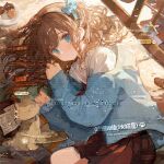  1girl blue_bow blue_cardigan blue_eyes blunt_bangs blush bow brown_hair brown_neckerchief cardigan closed_mouth dessert eyelashes fei_yi_yi food hair_bow hair_ornament highres long_hair long_sleeves looking_at_viewer lying neckerchief on_side original plate pleated_skirt sailor_collar skirt solo too_many_watermarks watermark white_sailor_collar 