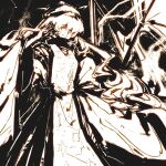  1girl abstract arm_up commentary constellation_print cowboy_shot dress hat highres limited_palette long_hair matara_okina monitor51 sepia smile tabard touhou wide_sleeves yellow_eyes 