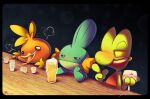 2025 alcohol ambiguous_gender anthro beak beer beverage blue_body blush digital_media_(artwork) drunk furniture generation_3_pokemon green_body group hi_res holding_beverage holding_object mudkip nintendo orange_body pokemon pokemon_(species) simple_background smile substance_intoxication table torchic treecko vaporotem wood wood_furniture wood_table