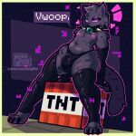1:1 anthro biped bottomwear bulge choker claws clothed clothing detailed_bulge digital_media_(artwork) dynamite ender_pearl enderman english_text explosives felid femboy fur glowing glowing_eyes hair jewelry legwear looking_at_viewer male mammal microsoft minecraft mojang nagifur necklace purple_eyes simple_background solo spikes tail text tnt underwear xbox_game_studios