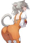  1girl animal_ears ass bodysuit cat_ears cat_girl cat_tail commentary cosplay facial_mark final_fantasy final_fantasy_ix final_fantasy_xiv garnet_til_alexandros_xvii garnet_til_alexandros_xvii_(cosplay) gloves grey_hair highres looking_at_viewer miqo'te orange_bodysuit ponytail red_gloves shirt simple_background solo tail torisanff14 warrior_of_light_(ff14) whisker_markings white_background white_shirt yellow_eyes 