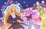  2girls black_hat black_jacket blonde_hair blue_bow blush bow braid christmas christmas_tree commentary_request crescent crescent_hat_ornament dress frilled_sleeves frills hair_bow hat hat_bow hat_ornament highres holding_hands jacket kirisame_marisa long_sleeves mob_cap multiple_girls open_mouth outdoors patchouli_knowledge pink_dress pink_hat purple_bow purple_eyes purple_hair red_bow red_scarf scarf side_braid single_braid smile touhou witch_hat yellow_eyes yoruniwa yuri 