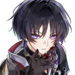  1boy 1girl artist_name artist_request bishounen black_gloves black_hair black_kimono black_sleeves blood blood_on_face blood_on_hands commission commissioner_insert curtained_hair eyelashes eyeliner frilled_sleeves frills genshin_impact gloves gold hayami_momo_(hayamimomo) highres japanese_clothes jewelry juban kimono looking_at_viewer makeup mandarin_collar neck_ring oc_x_canon open_hand original parted_lips purple_eyes purple_rope red_eyeliner red_kimono rope scaramouche_(genshin_impact) second-party_source shimenawa short_sleeves single_sode tsurime watermark watermark_grid white_kimono white_mouth white_rope 