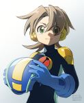  1boy blue_bodysuit blue_helmet bodysuit brown_hair commentary_request gradient_background green_eyes grey_background helmet highres holding holding_unworn_helmet hub_hikari_(mega_man) mega_man_(series) mega_man_battle_network_(series) megaman.exe netnavi petittlt short_hair simple_background solo unworn_headwear unworn_helmet 