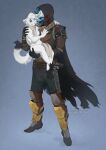 2025 anthro artist_name black_cape black_clothing blue_eyes brown_body bungie cape cayde-6 clothed clothing dated destiny_(series) duo fur green_eyes grey_body hi_res holding_another humanoid male male_anthro male_humanoid nude santanahoffman scarf size_difference standing text white_body white_fur