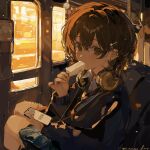 1girl brown_eyes brown_hair brown_necktie ear_piercing eyelashes fei_yi_yi fingernails food hair_between_eyes hair_ornament hairclip headphones headphones_around_neck highres holding holding_food holding_ice_cream holding_phone ice_cream jacket long_sleeves looking_at_viewer medium_hair necktie original phone piercing school_uniform shirt signature sitting solo square train_interior white_shirt 