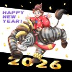  2026 absurdres animal_ears aogaeru_(pixiv46613656) banana blue_eyes brown_hair chinese_zodiac commentary_request donkey_kong donkey_kong_(series) donkey_kong_bananza food food_print fruit fruit_print furry furry_male happy_new_year highres hooves japanese_clothes kimono necktie pauline_(mario) pauline_(young)_(mario) red_kimono red_necktie wide_sleeves year_of_the_horse zebra_bananza zebra_ears zebra_tail 
