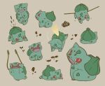  bulbasaur bullet_seed_(pokemon) claws closed_mouth commentary_request fangs highres multiple_views nako_(nekono_shippo75) no_humans open_mouth plant pokemon pokemon_(creature) red_eyes simple_background sitting solar_beam_(pokemon) vines 