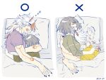  1boy 1girl arataki_itto bed black_nails breasts brown_pajamas closed_eyes colored_inner_hair commentary cuddling english_commentary facial_mark from_side genshin_impact grey_hair head_on_chest head_on_pillow highres horns hug kujou_sara long_hair long_sleeves lying medium_breasts multicolored_hair on_bed oni open_mouth pajamas pillow pointy_ears profile purple_shirt red_hair red_horns saliva shirt short_hair sleeping toned toned_male twitter_username under_covers unholymilk upper_body white_background white_hair yellow_shirt zzz 
