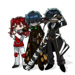  1girl 2boys alyssa_(project_moon) armor bandaged_weapon bandages_over_clothes beak_(e.g.o) black_coat black_hair black_jacket black_pants black_shoes black_vest blindfold blindfold_lift blue_hair breastplate center-flap_bangs coat collared_shirt commentary crossbow dark-skinned_male dark_skin deformed diffraction_(e.g.o) double-parted_bangs e.g.o_(project_moon) expressionless eye_print facial_hair fur-trimmed_coat fur_trim goatee_stubble goggles goggles_around_neck gold_trim grey_eyes gun hair_between_eyes hand_in_pocket handgun hands_up highres hip_armor hohenheim_(project_moon) holding holding_crossbow holding_gun holding_sword holding_weapon jacket justitia_(e.g.o) knee_pads lamp_(e.g.o) lapels limbus_company lobotomy_corporation long_hair long_sleeves looking_ahead marton_(project_moon) meito_404 messy_hair multiple_boys necktie night_vision_device notched_lapels one_eye_covered open_clothes open_coat over_shoulder own_hands_together pants project_moon red_armor red_eyes red_hair round_eyewear shirt shoes short_hair shoulder_pads simple_background smile stubble sword twintails vest weapon weapon_over_shoulder white_background white_pants white_shirt yellow_eyes 