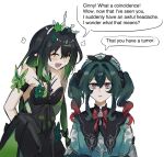  2girls :d alternate_color armband bare_shoulders black_dress black_hair blush bow bowtie breasts butterfly_ornament castorice_(honkai:_star_rail) closed_eyes commentary dress english_commentary english_text flower gradient_hair green_flower green_hair hair_between_eyes hair_flower hair_intakes hair_ornament highres honkai:_star_rail honkai_(series) hyacine_(honkai:_star_rail) jewelry long_hair medium_breasts multicolored_hair multiple_girls nsuntens open_clothes red_bow red_bowtie red_eyes red_hair simple_background sketch smile speech_bubble twintails two-tone_hair white_background white_tiara 