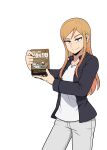  1girl absurdres black_jacket blonde_hair blue_eyes book commentary_request cowboy_shot galois highres holding holding_book jacket jewelry korean_commentary korean_text long_hair necklace odyssey_(galois) pants seong_eun-ha shirt smile solo translated white_pants white_shirt 