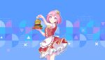  1girl :d apron blue_background blush burger colorful_palette dotabata_cafe_rec!!_(project_sekai) dress flag food frilled_apron frills game_cg grin hat highres holding holding_plate lettuce looking_at_viewer official_alternate_costume official_art ootori_emu pink_eyes pink_hair pink_hat plate project_sekai red_dress smile solo striped_hat teeth third-party_source tomato triangle waist_apron white_hat 