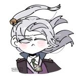  1girl :< artist_name assault_lily bell black_jacket blush closed_eyes closed_mouth collared_shirt commentary_request cropped_torso facing_viewer floating_hair green_necktie grey_hair hair_bell hair_ornament hidai_miyazu high_collar jacket jingle_bell long_hair mayu_(yu_e1602) necktie open_clothes open_jacket portrait purple_sweater school_uniform shirt side_ponytail solo sweater v-shaped_eyebrows white_shirt wind 