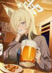 1girl absurdres alcohol alefrom animal_ear_fluff animal_ears beer beer_mug blonde_hair blue_archive blue_eyes blue_halo blue_necktie blush breasts collared_shirt commentary_request cup dog_ears dog_girl drink drunk extra_ears food grey_shirt hair_over_one_eye halo head_rest highres holding holding_drink kanna_(blue_archive) korean_commentary large_breasts long_hair looking_at_viewer mug necktie parted_lips sharp_teeth shirt smile solo teeth yakitori 