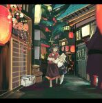  blonde_hair closed_eyes commentary_request hair_ornament hat lantern letterboxed long_sleeves looking_at_another moriya_suwako multiple_girls outdoors paper_lantern purple_hair purple_skirt purple_vest red_eyes rope sandals skirt skirt_set sliding_doors thighhighs touhou vest wataichi_meko wide_sleeves yasaka_kanako 