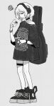  1girl bag bracelet choker commentary english_commentary full_body greyscale highres jewelry mii_rza monochrome original shoes short_hair solo spoken_squiggle squiggle standing watch wristwatch 