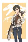  1girl absurdres animal asymmetrical_hair black_hair blue_pants bra_strap breasts brown_eyes commentary denim dinosaur_skeleton earrings feet_out_of_frame galois grey_sweater hair_bun highres holding holding_animal jeans jewelry medium_breasts original pants single_hair_bun smile solo sweater 