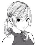  1girl breasts commentary_request eyebrows_hidden_by_hair eyelashes greyscale hair_over_shoulder hair_ribbon highres lee_(dragon_garou) lips medium_breasts monochrome original parted_lips ponytail portrait profile ribbon sideburns sleeveless sleeveless_jacket solo swept_bangs zipper 