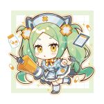  1girl black_shoes blue_hat blush bow bowtie chibi chibi_only commentary dot_nose dress frilled_sleeves frills full_body grey_socks hat highres holding holding_syringe kneehighs long_hair long_sleeves looking_at_viewer open_mouth orange_bow orange_bowtie original outline parted_bangs pill saijo1201 shoes sidelocks signature socks solo sparkle standing standing_on_one_leg striped_bow striped_bowtie striped_clothes syringe thick_eyebrows twintails very_long_hair watermark white_background white_dress yellow_eyes 