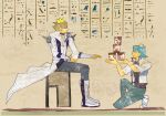  2boys 99ki5 ancient_egyptian blonde_hair blue_hair blue_pants boots bruno_(yu-gi-oh!) coat crown hashtag-only_commentary highres instant_cup_noodles instant_noodles jack_atlas jacket kneeling male_focus multiple_boys open_clothes open_jacket pants sitting white_boots white_coat white_jacket yu-gi-oh! yu-gi-oh!_5d's 