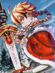  1boy ahoge armor blonde_hair braid braided_ponytail cape cloak commentary_request excalibur_(fate/strange_fake) fate/strange_fake fate_(series) fur-trimmed_cloak fur_trim highres holding huo_ting long_hair looking_at_viewer male_focus multicolored_hair red_cape red_cloak red_eyes red_hair richard_i_(fate) single_braid solo streaked_hair sword weapon 