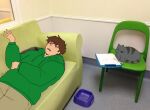  1boy animal antenna_hair black_eyes brown_hair brown_pants cat cat_loaf chair clipboard commentary couch drawstring edd_(eddsworld) eddsworld english_commentary green_hoodie grey_cat hand_up highres hood hood_down hoodie indoors k0tffe long_sleeves lying male_focus meme on_back open_mouth pants photo_background ringo_(eddsworld) short_hair sitting swept_bangs tabby_cat therapist_cat_(meme) therapy 